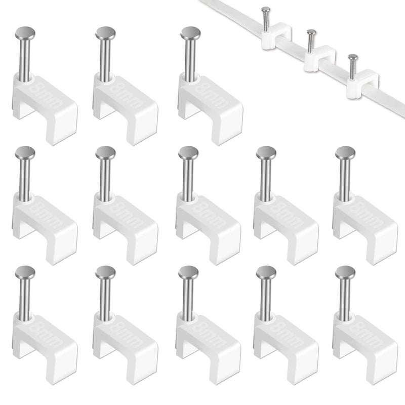 CableGeeker Cable Clips - CableGeeker 100 Pieces Ethernet Cable Clips with Nails 8mm Cord Holder for Cat6 Cat7 Flat Ethernet Cable (White) - Image 1